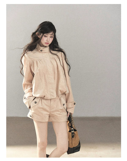 AOMALM - Mauve Faux Suede Jacket & Cargo Shorts Set