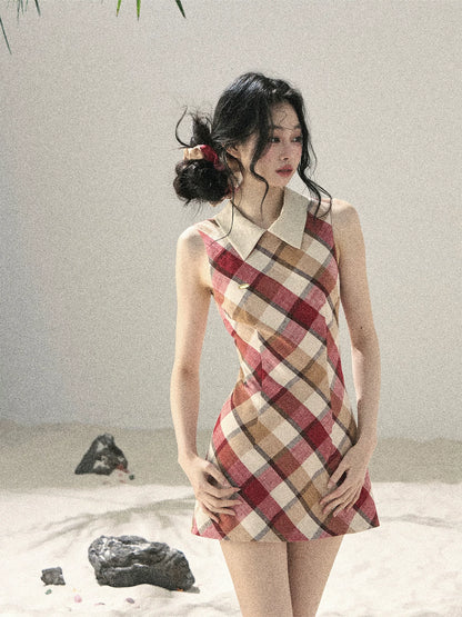 "Sunset by the Shore" Vintage Red Plaid Polo Mini Dress 358648564