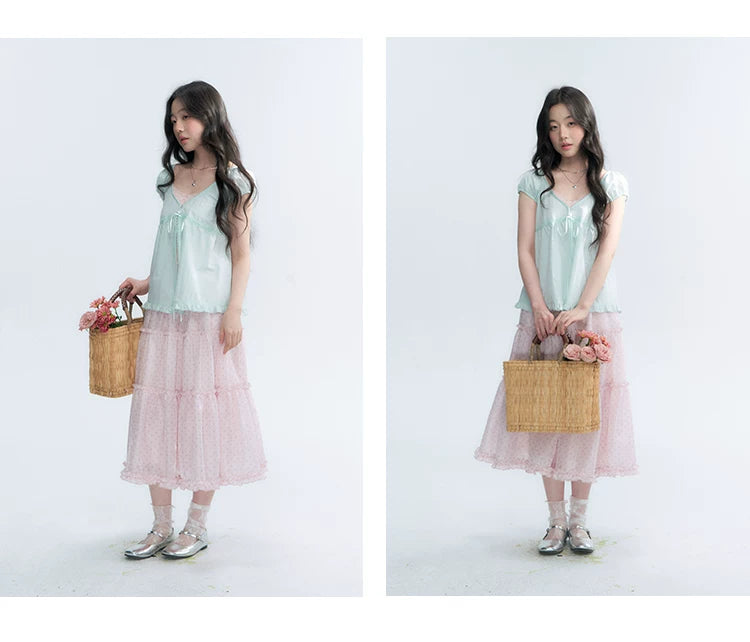 "Bubble Dream" Pink Lavender Polka Dot Tiered Midi Skirt