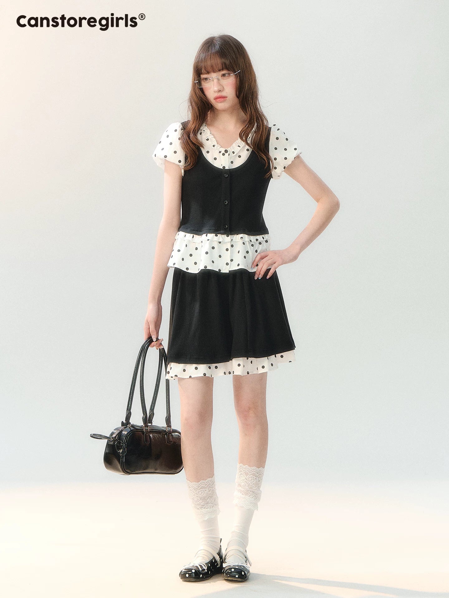 "Black Tea & Cream" Polka Dot Two-Piece Skirt Set SH2026202