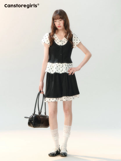 "Black Tea & Cream" Polka Dot Two-Piece Skirt Set SH2026202