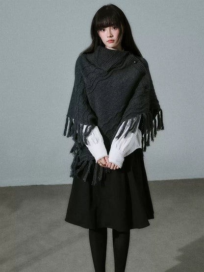 LOST FOREST - Wool-Blend Bow Graphic Fringe Cape Shawl (Coffee / Dark Gray)