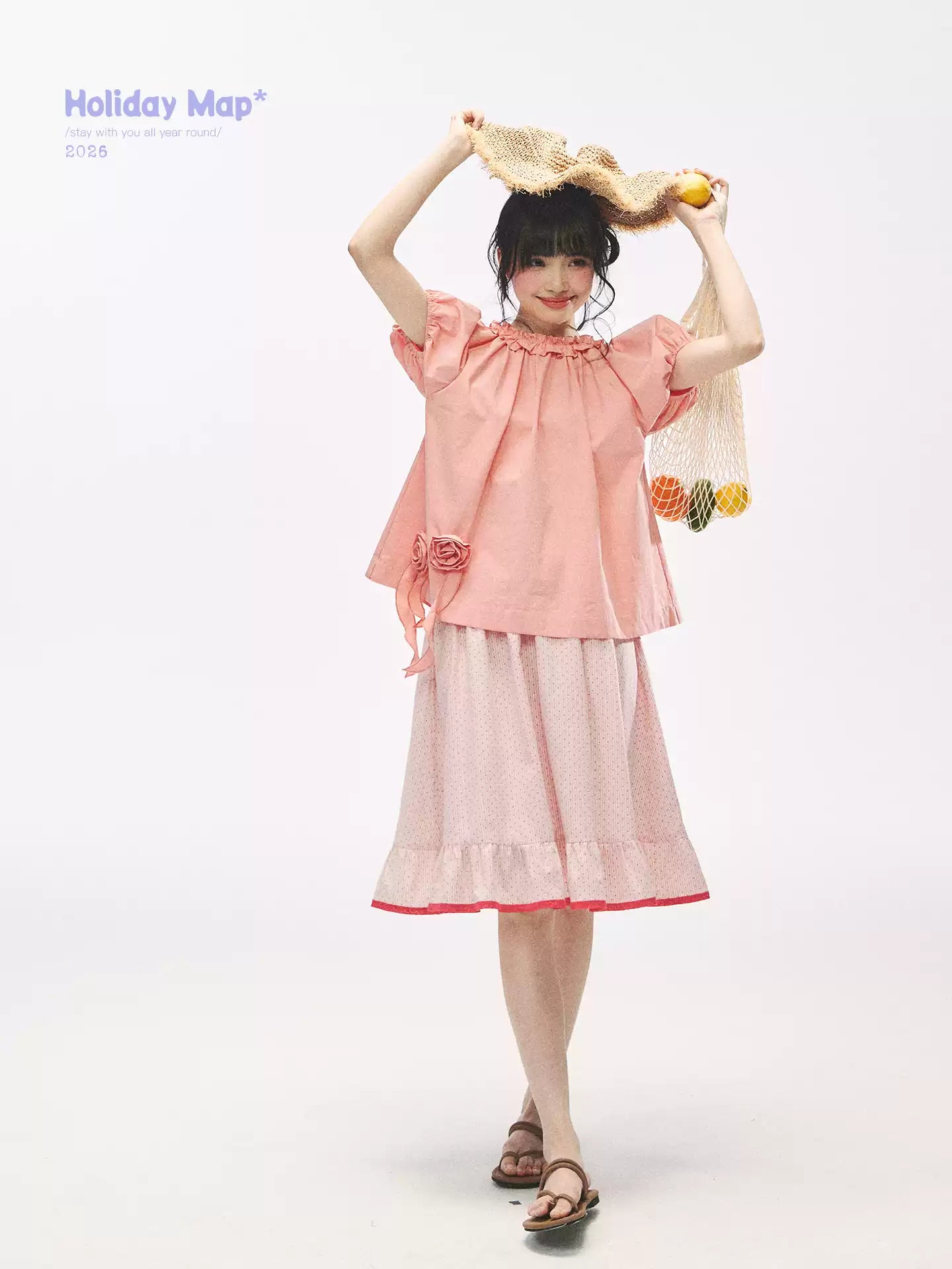 "Pink Grapefruit Bloom" Grapefruit Red Rose Puff Sleeve Blouse