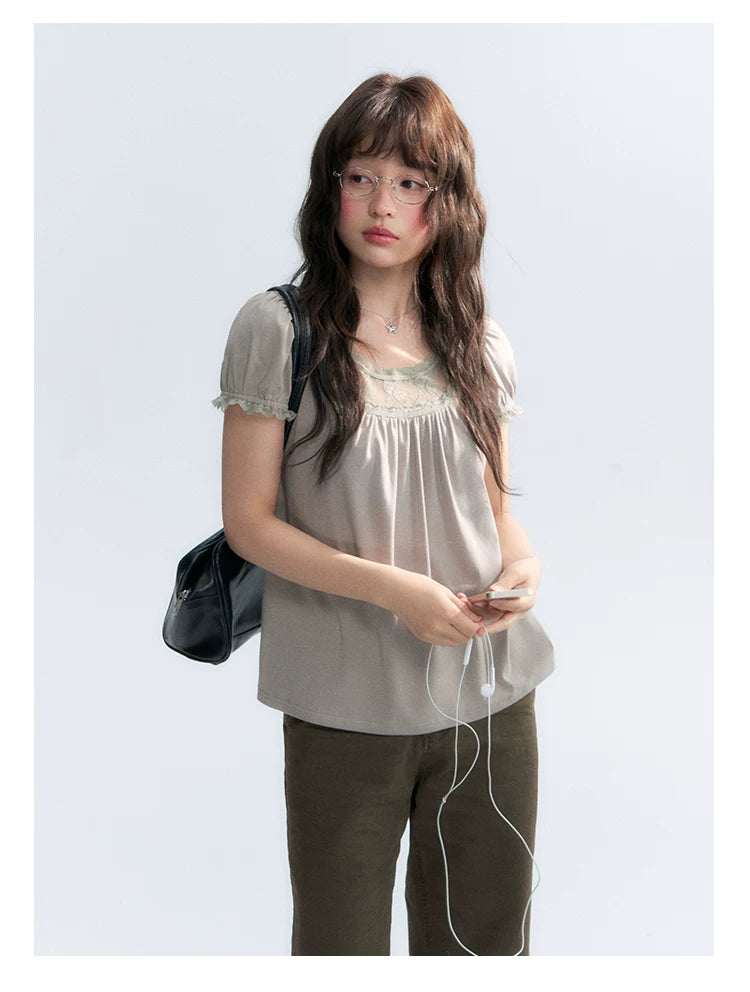 "Vintage Cream" Milk Gray Lace Trim Puff Sleeve T-Shirt