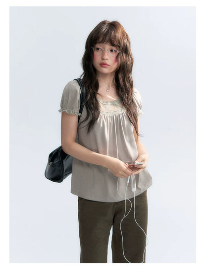 "Vintage Cream" Milk Gray Lace Trim Puff Sleeve T-Shirt