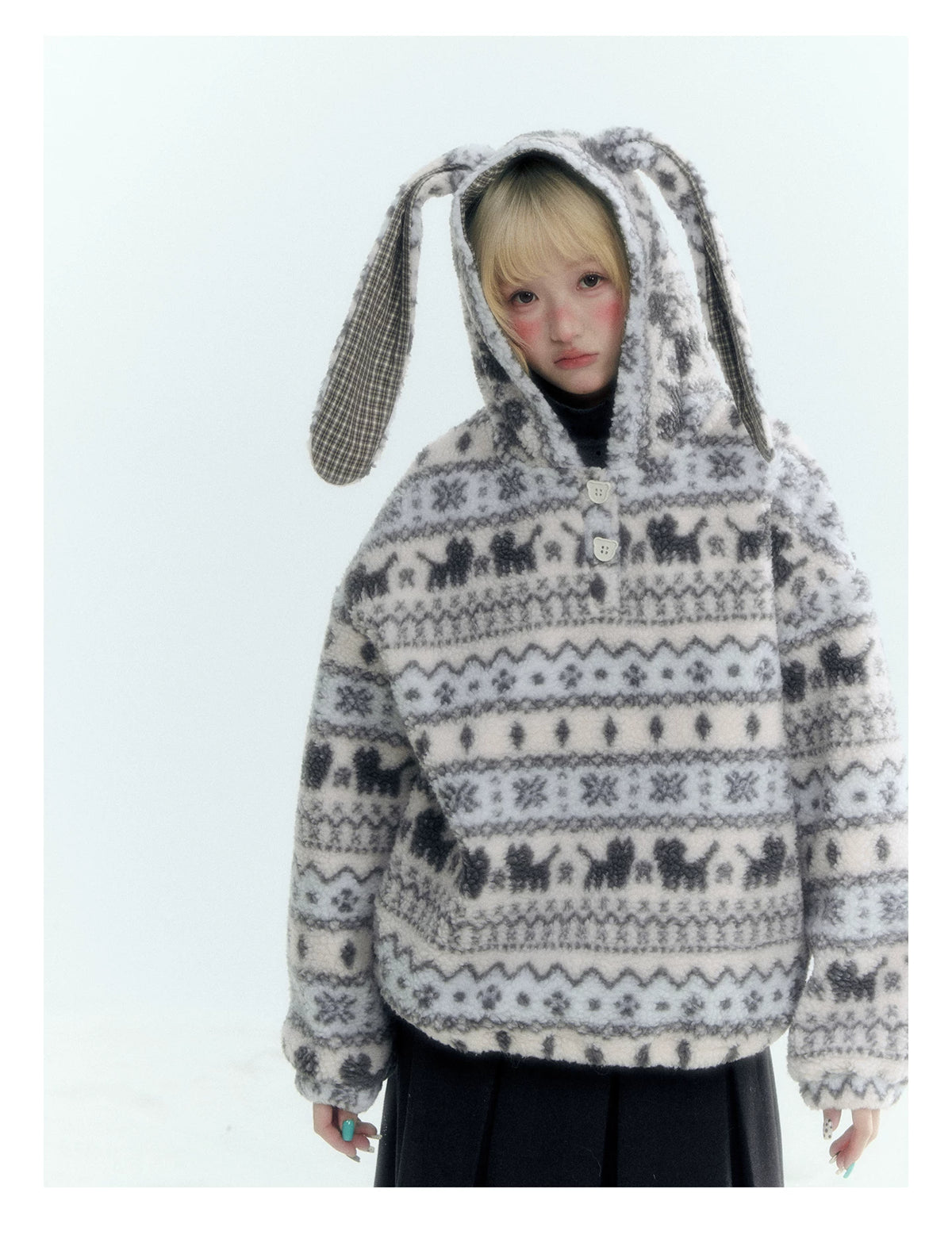 Horridale - Pink Fair Isle Cat Sherpa Fleece Hoodie with Bunny Ears