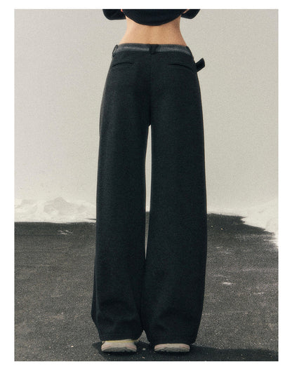少也眼 “She Passes Through Winter” Fleece-Lined Wide-Leg Trousers with Belt Detail - Deep Rock Gray
