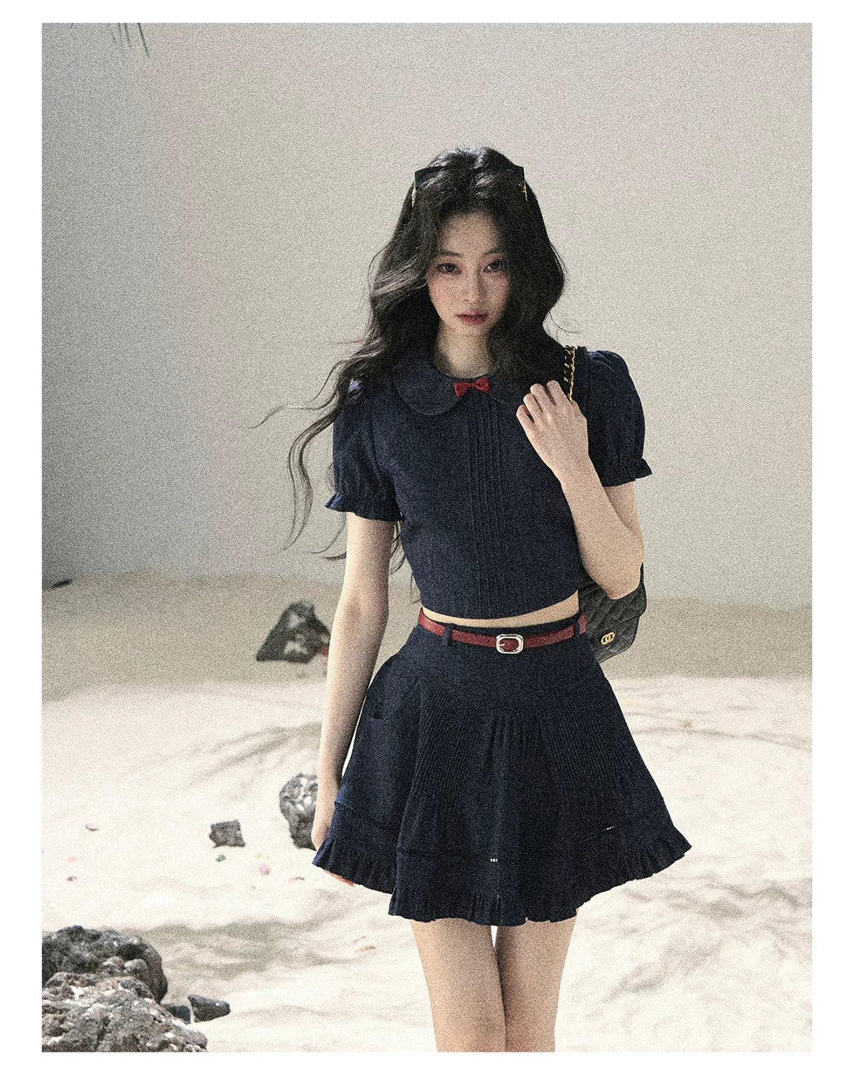 "Seaside Breeze" Navy Blue Denim Pleated Top & Mini Skirt Two-Piece Set
