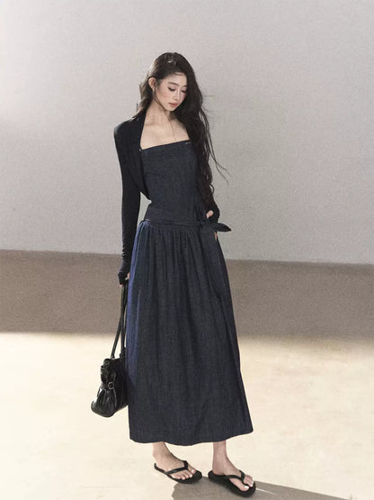 AOMALM - Navy Denim Long Dress with Matching Cardigan & Side Slit