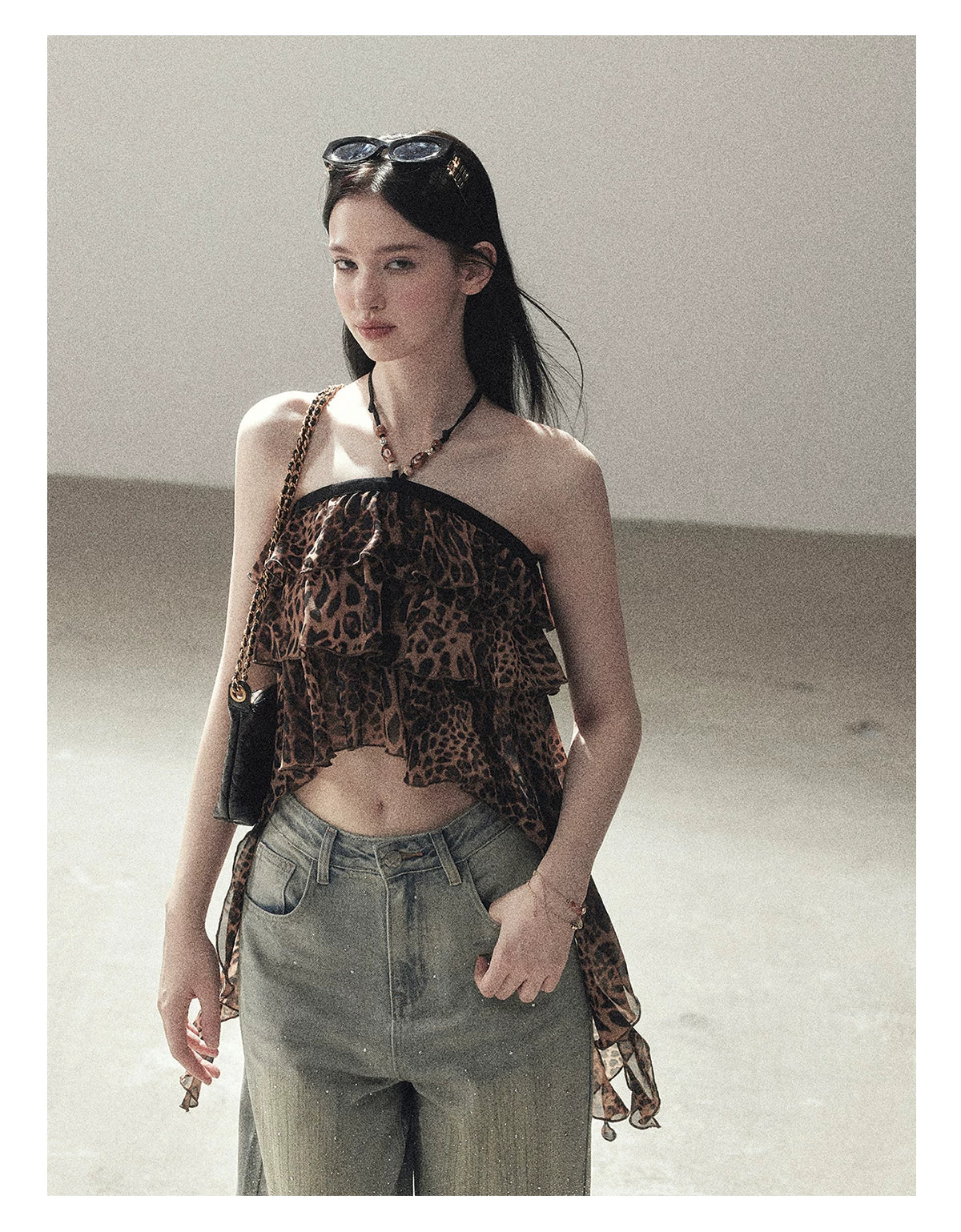 "Chasing the Sunset" Chestnut Brown Leopard Halter Ruffle Crop Top
