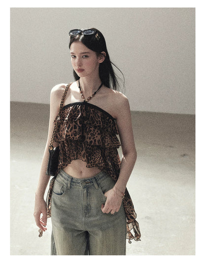 "Chasing the Sunset" Chestnut Brown Leopard Halter Ruffle Crop Top