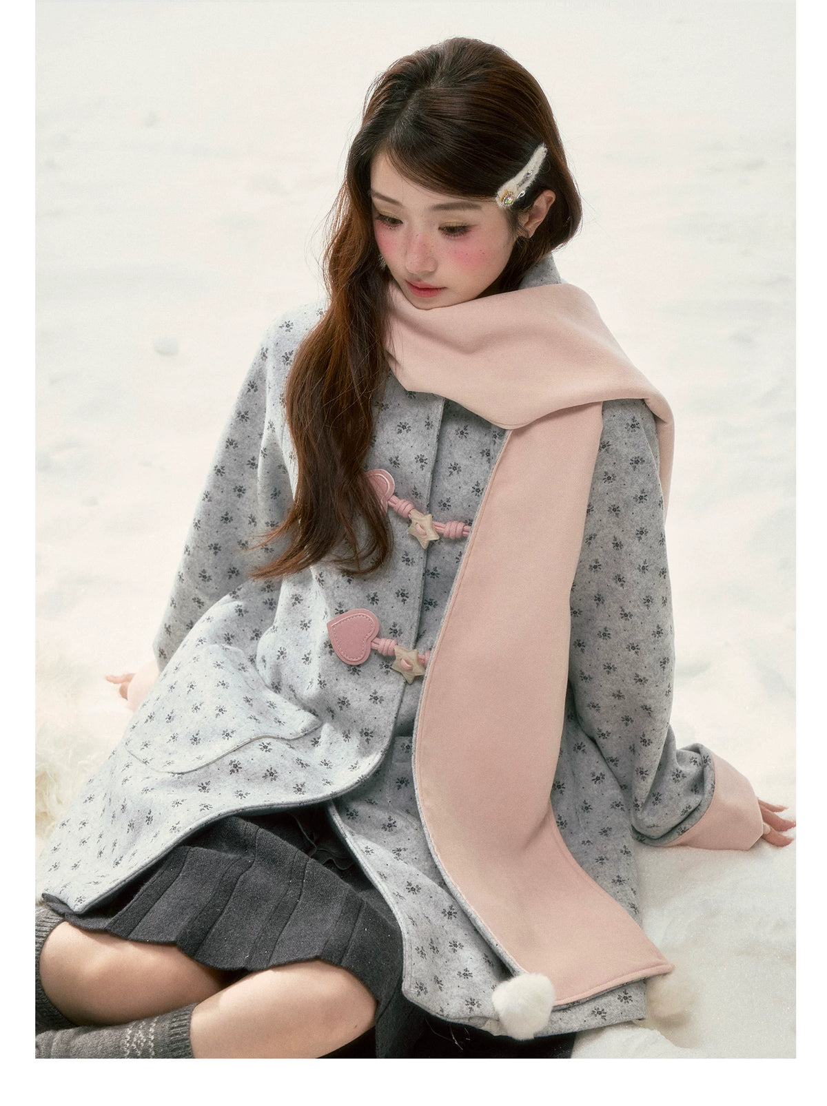 BIBIBENCY - Gray Floral Scarf-Trim Wool-Look Coat