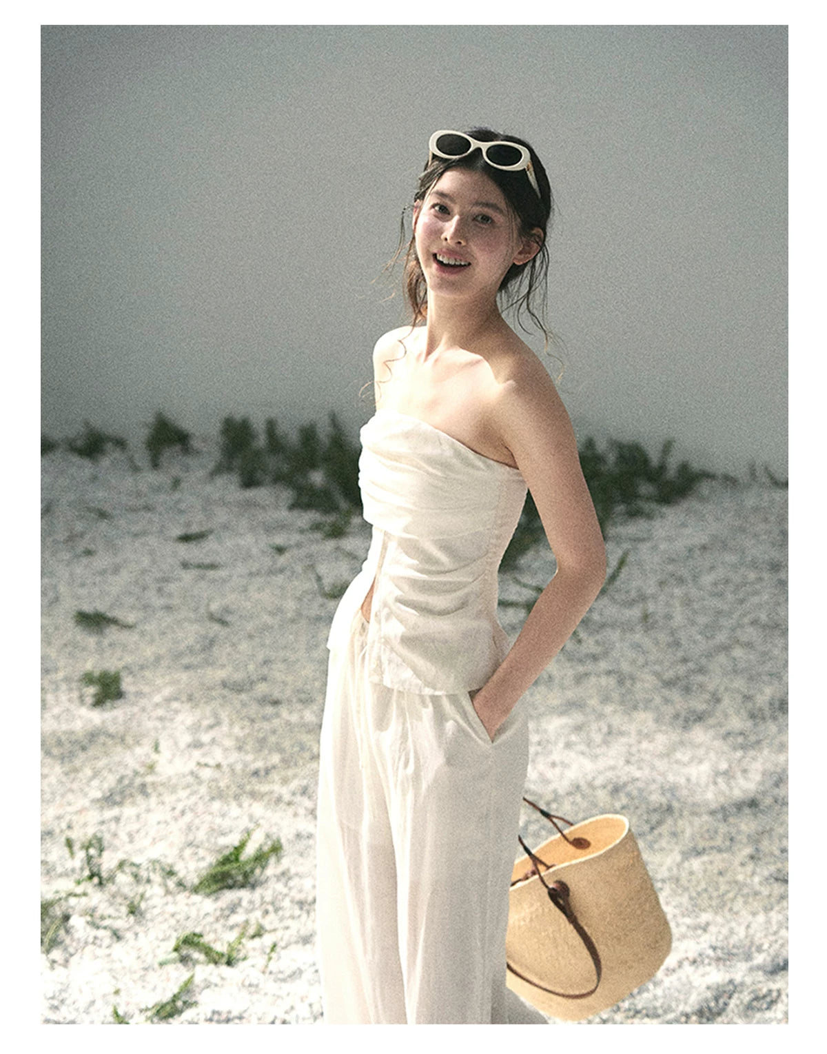 “Breath Across the Shoulders” Natural Beige Layered Bustier Top & Wide-Leg Trousers