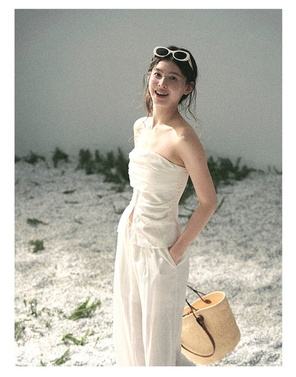 “Breath Across the Shoulders” Natural Beige Layered Bustier Top & Wide-Leg Trousers