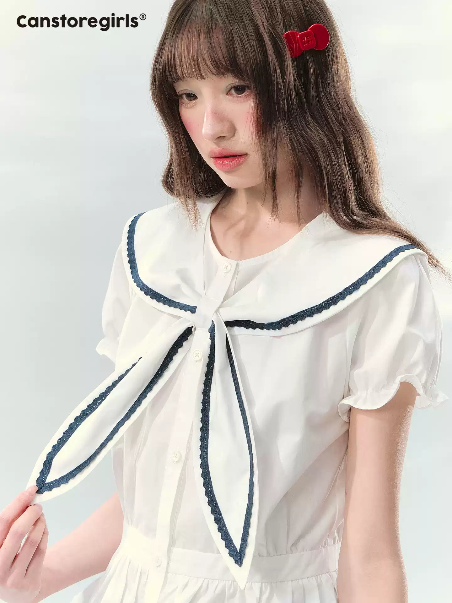 “Letter from Sea Isle” White & Navy Sailor Collar Blouse and Tiered Skirt Set