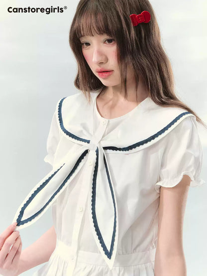 “Letter from Sea Isle” White & Navy Sailor Collar Blouse and Tiered Skirt Set