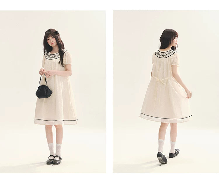 "Midnight Princess" Yellow Flower Rope Embroidered Babydoll Midi Dress