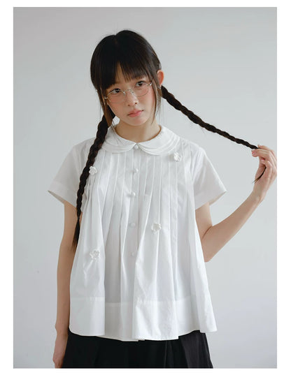 "Hyacinth Letter" White Cotton Peter Pan Collar Pleated Blouse