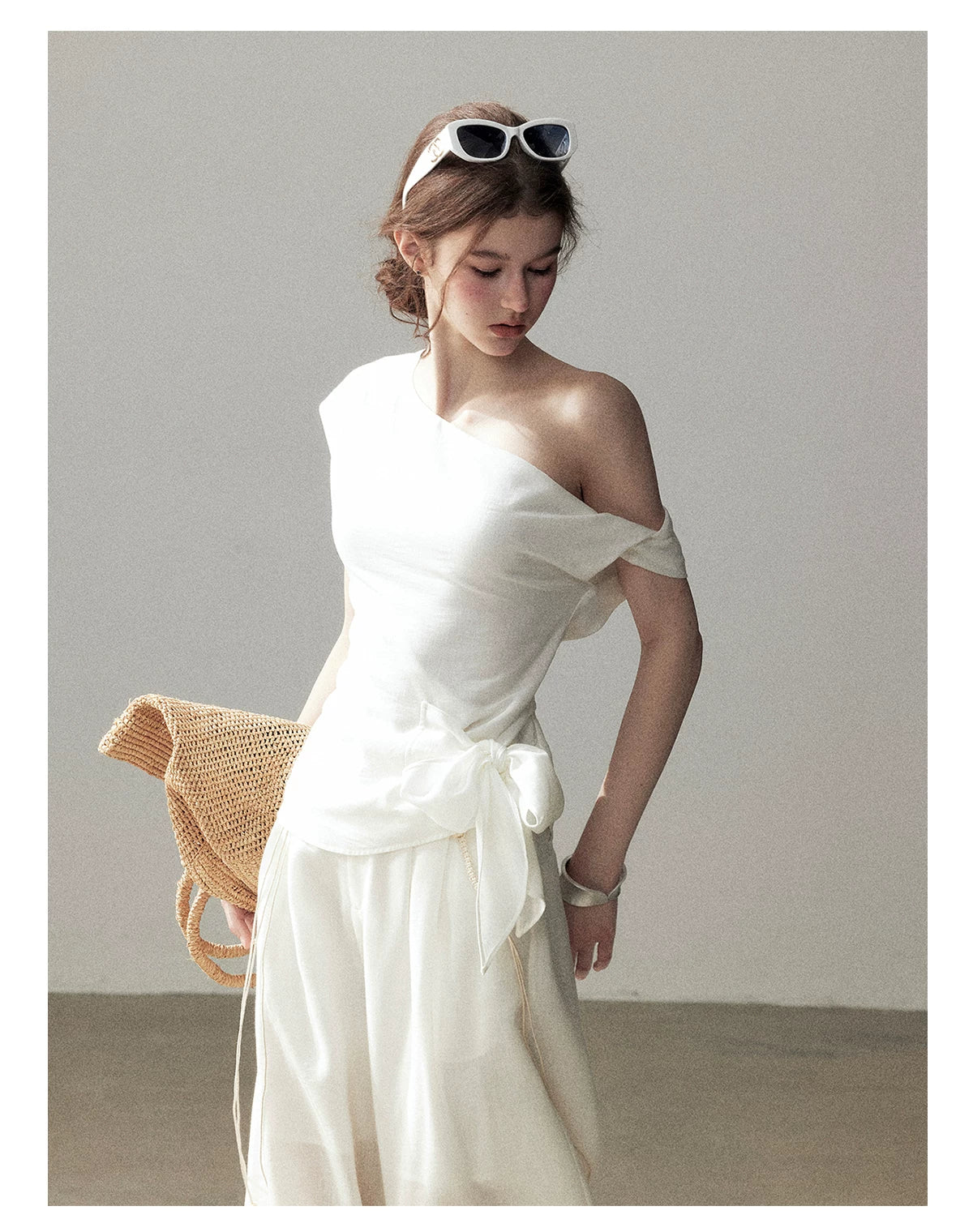 "Her Moonlight" Camellia White Off-Shoulder Top & Wide-Leg Pants Set