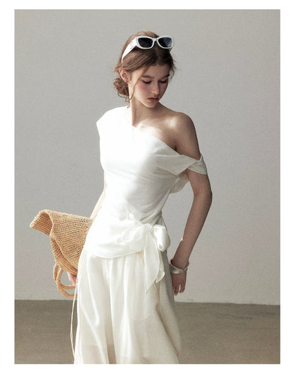 "Her Moonlight" Camellia White Off-Shoulder Top & Wide-Leg Pants Set