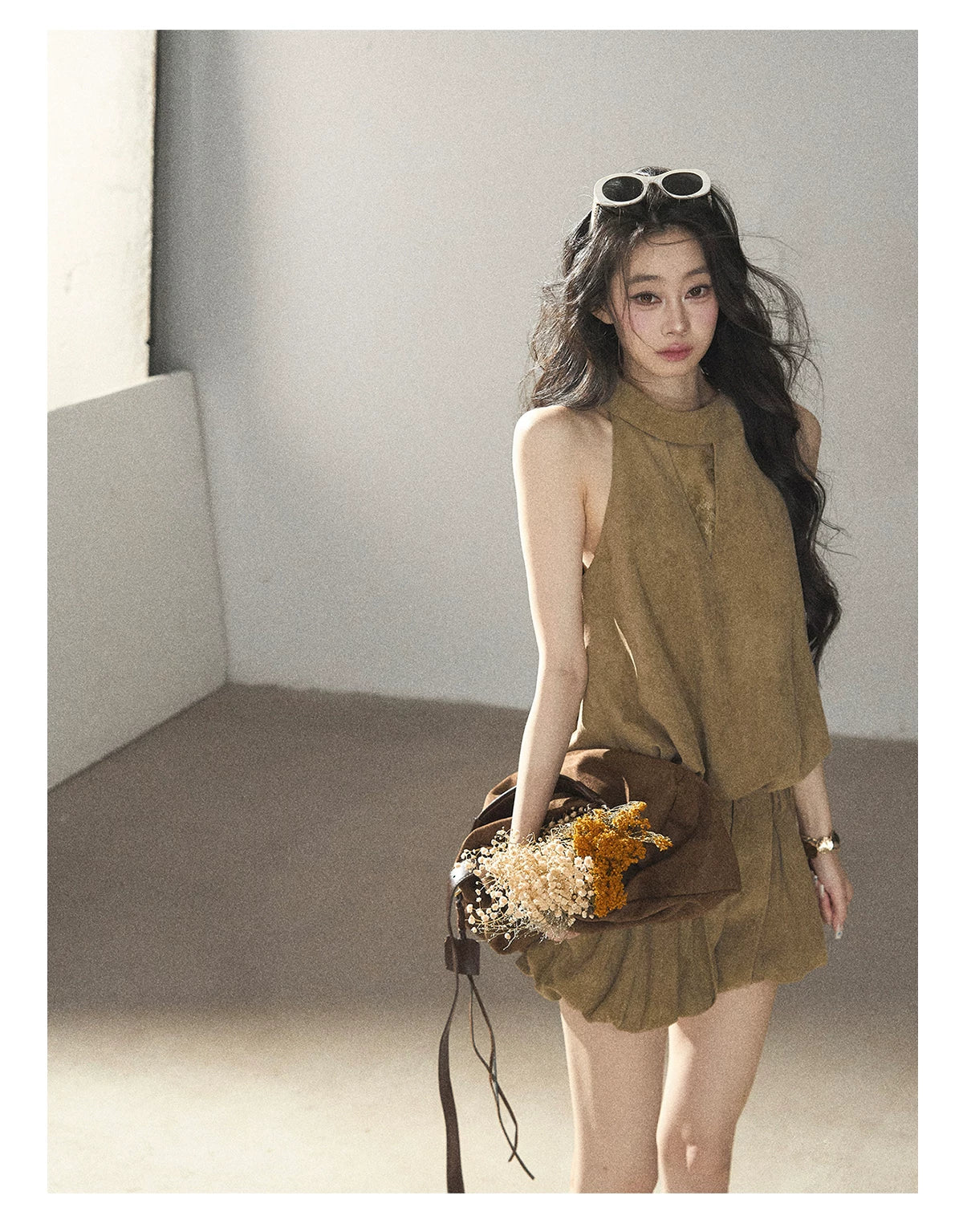 AOMALM - "The Veins of Leaves" Oatmeal French Faux Suede Top & Shorts Set