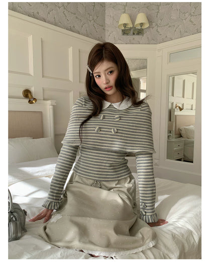 “Misty Sonata” Grey Layered Stripe Knit Top