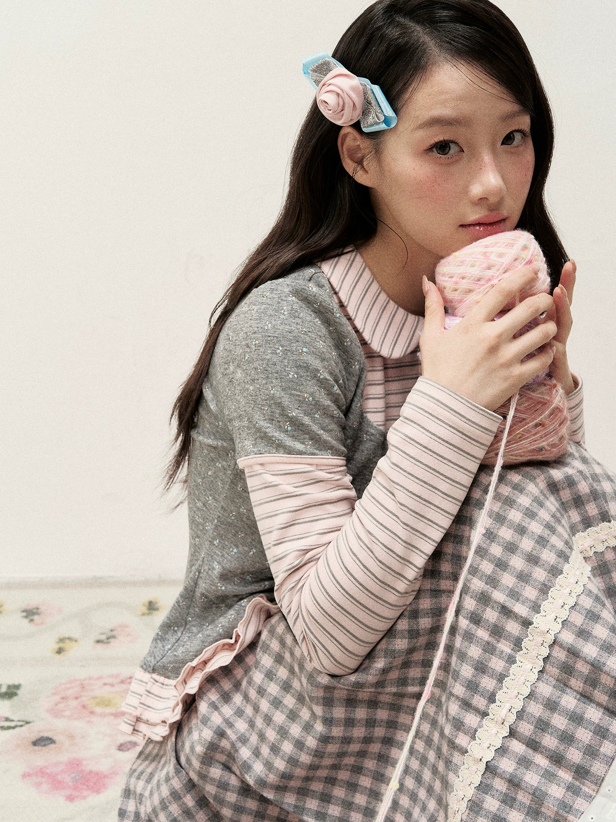 [RF] Gray & Pink Plaid A-Line Midi Skirt with Lace Trim