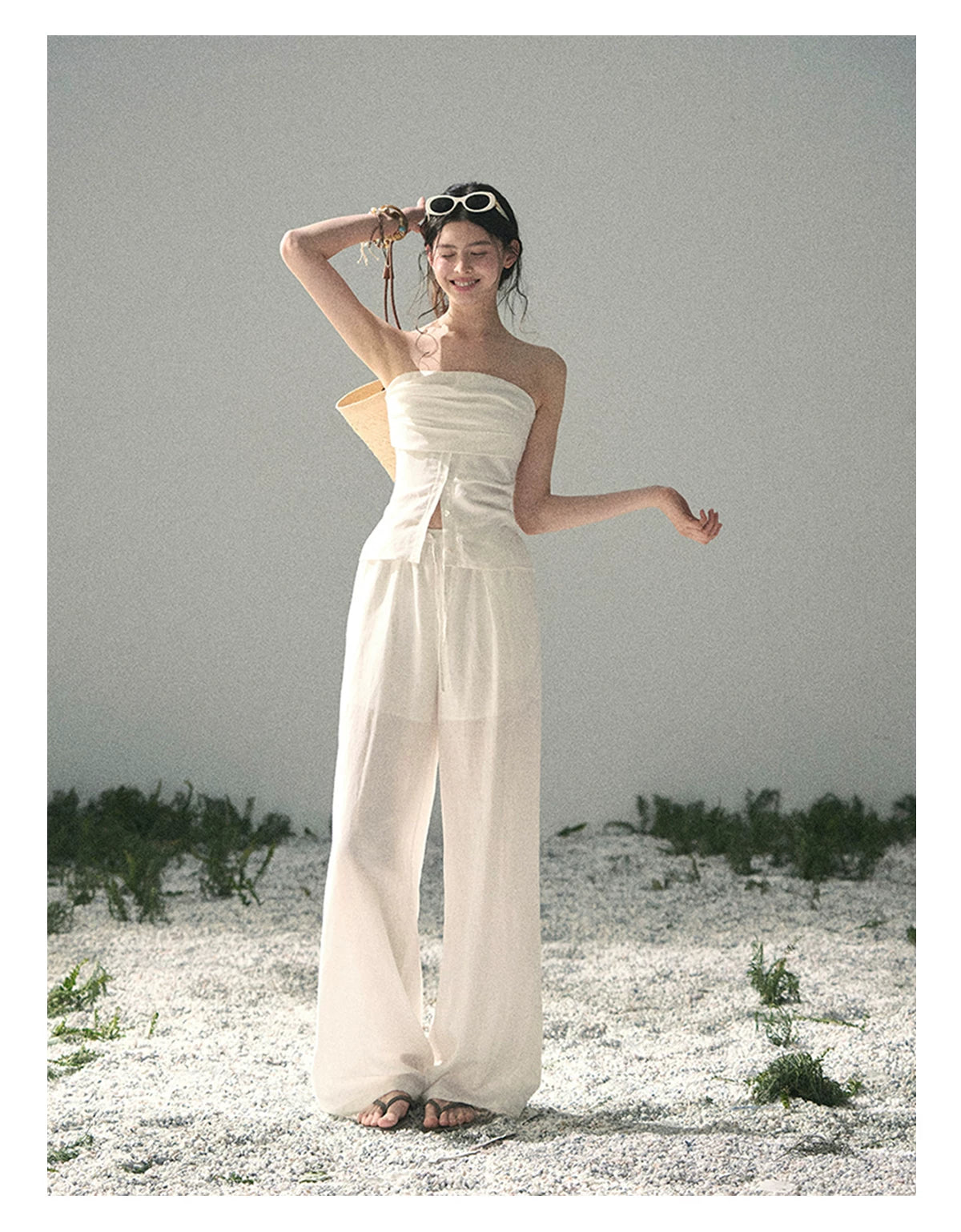 “Breath Across the Shoulders” Natural Beige Layered Bustier Top & Wide-Leg Trousers