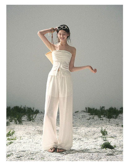 “Breath Across the Shoulders” Natural Beige Layered Bustier Top & Wide-Leg Trousers