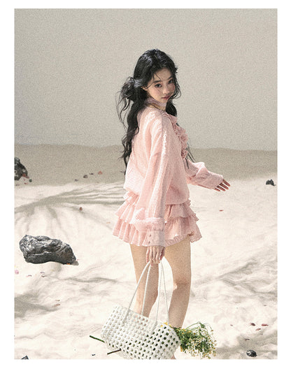 “Evening Breeze Skirt” Lotus Pink Tiered Chiffon Mini Dress with Scarf Tie & Shorts