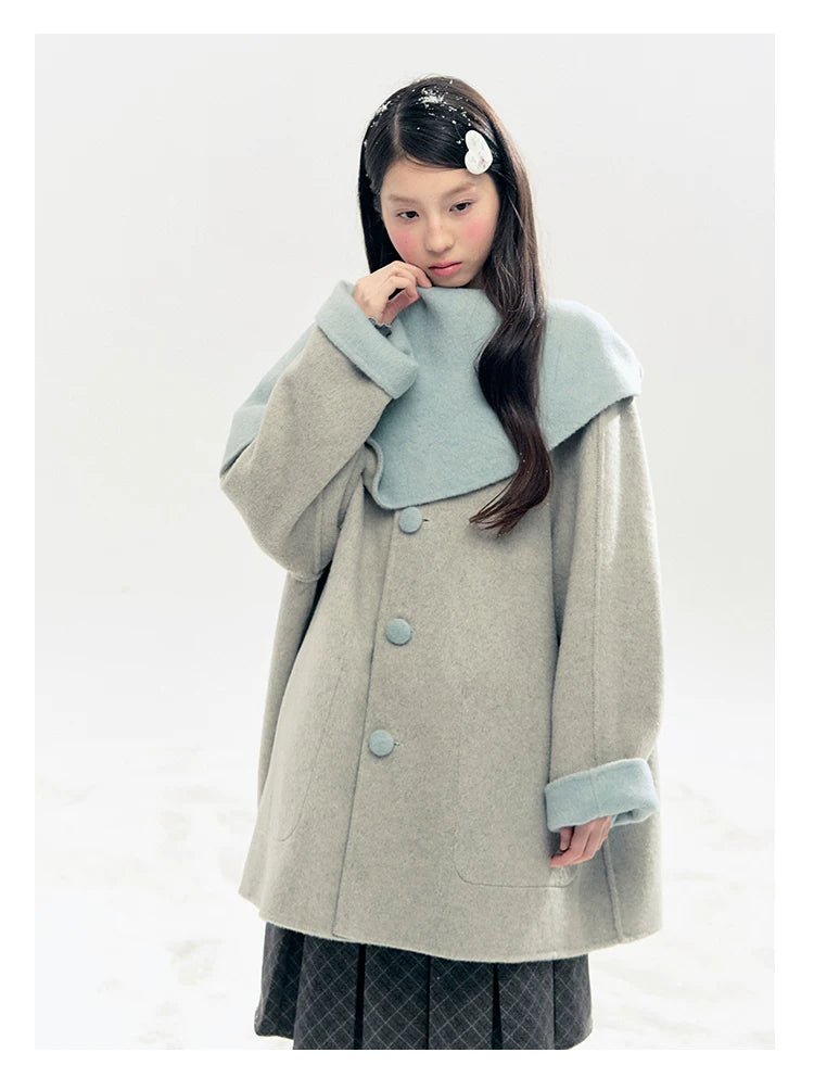 "Double Winter Embrace" Blue & Gray Reversible Wool-Blend Cape Coat