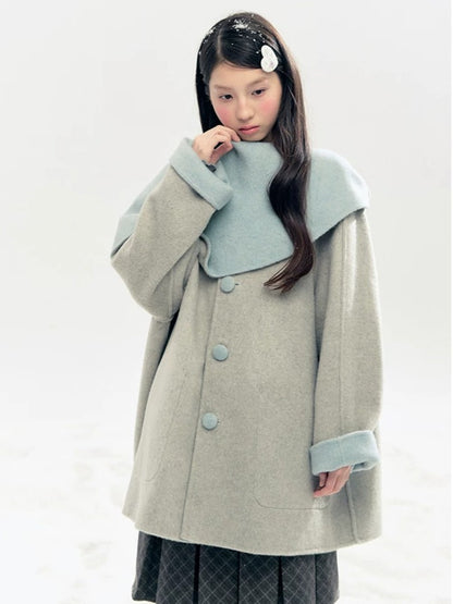 "Double Winter Embrace" Blue & Gray Reversible Wool-Blend Cape Coat