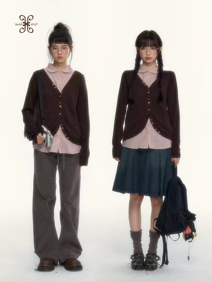 “Chestnut Book Knit” Red Brown Faux-Layered Colorful Button Cardigan
