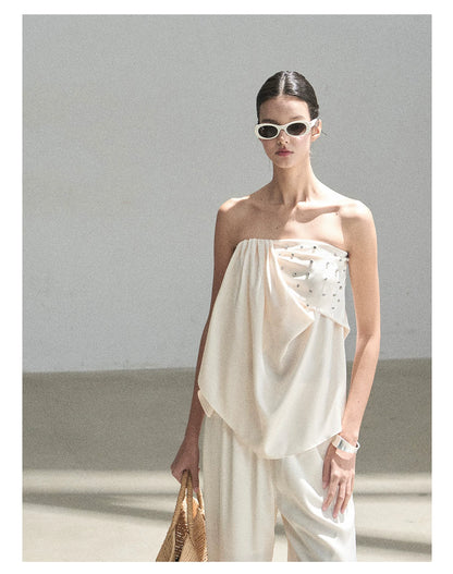 "Summer Rain at Dusk" Cream Beige Satin Two-Piece Set