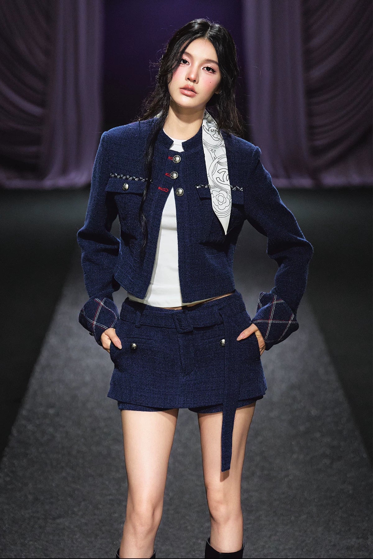 "Midnight Atelier" Navy Wool Quilted Jacket & A-Line Skort Set