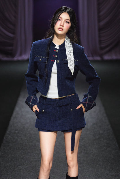 "Midnight Atelier" Navy Wool Quilted Jacket & A-Line Skort Set