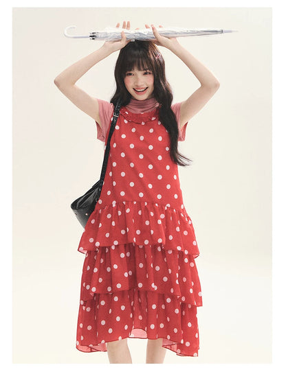 "Polka Dot Layers" Red Polka Dot Tiered A-Line Maxi Cami Dress