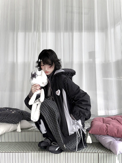 "Cold Air" Black Padded Jacket / Base Layer Top / Polka Dots Skirt / Sweatpants Set