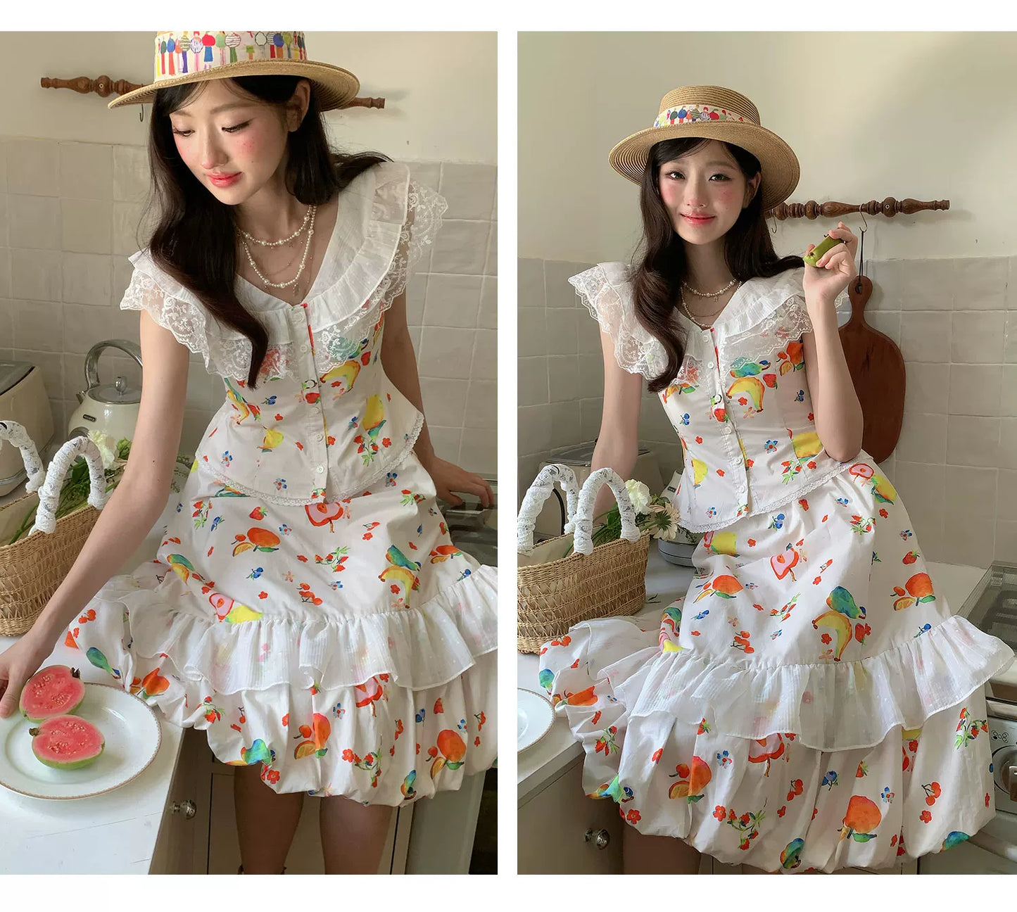 “Honeyfruit Summer Breeze” Beige Printed Skirt Set