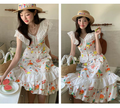 “Honeyfruit Summer Breeze” Beige Printed Skirt Set