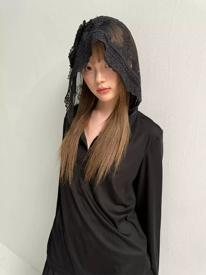 LOST FOREST - Black Lace Bow-Detail Long-Sleeve Top
