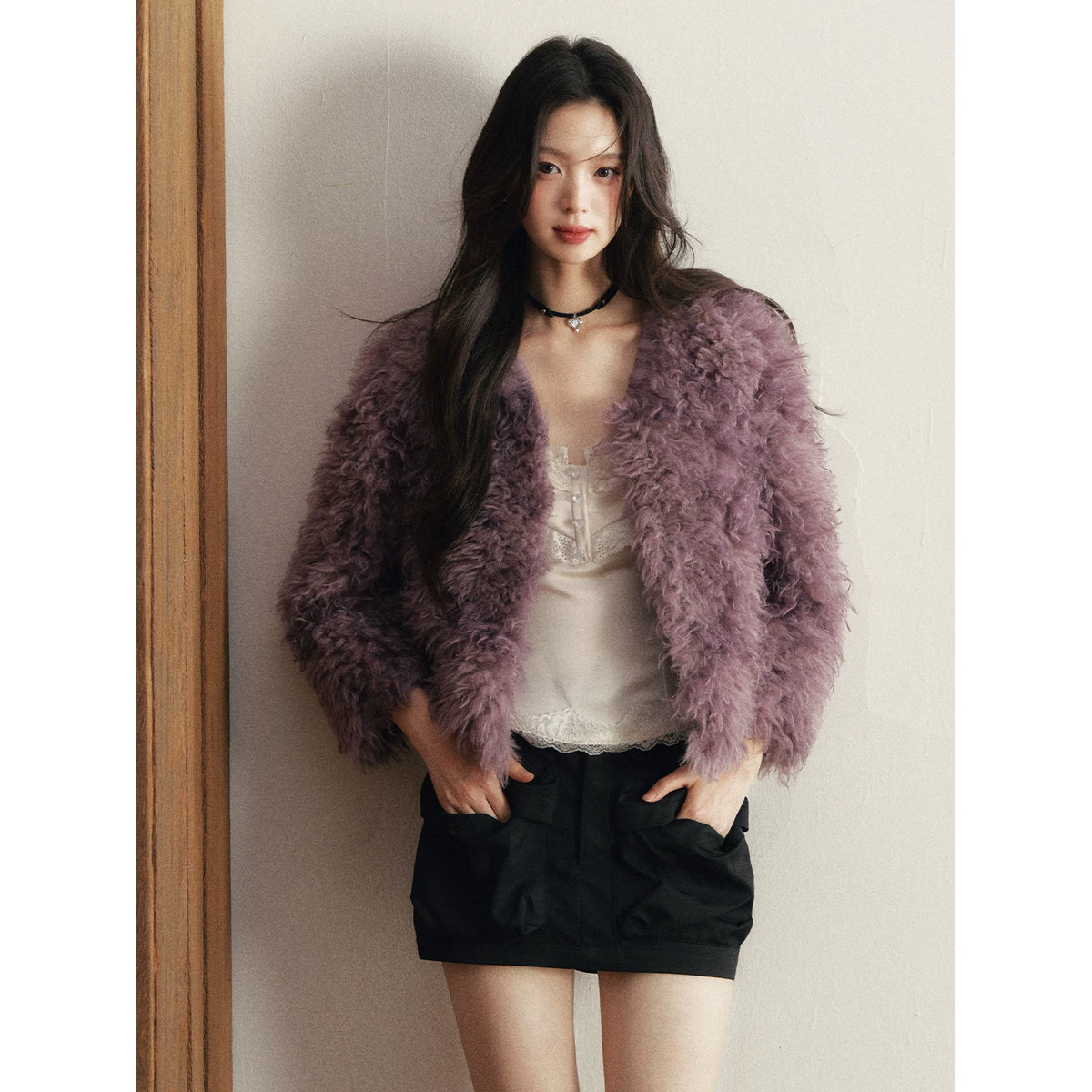 1P - Purple Faux Fur V-Neck Cropped Jacket