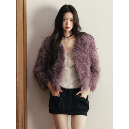 1P - Purple Faux Fur V-Neck Cropped Jacket