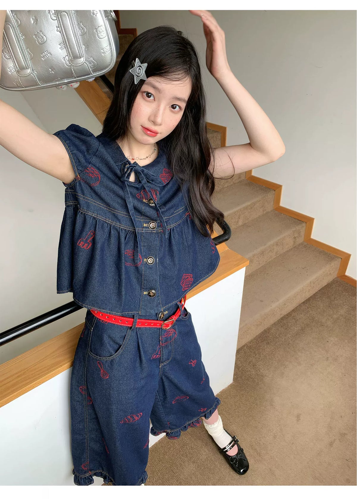 [RF] “Sweet Rebel Denim” Navy Embroidered Ruffle Top & Relaxed Pants Set