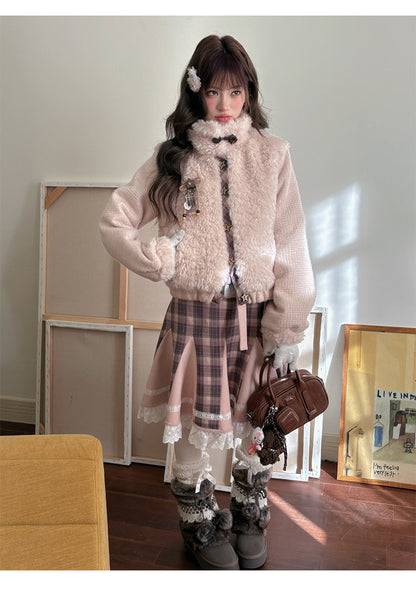 阮阮自制 - Love String Pink Plaid Wool Jacket & Mini Skirt Set