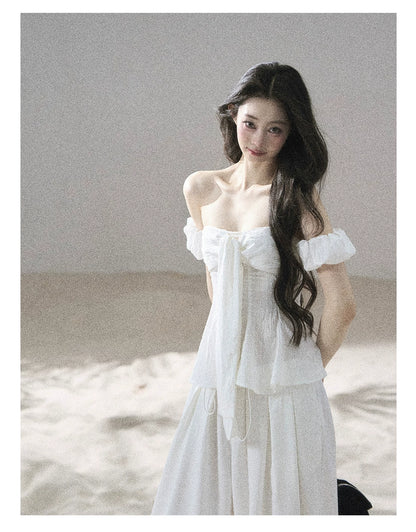 "Lazy Soliloquy" White Peplum Top & Wide-Leg Pants Set