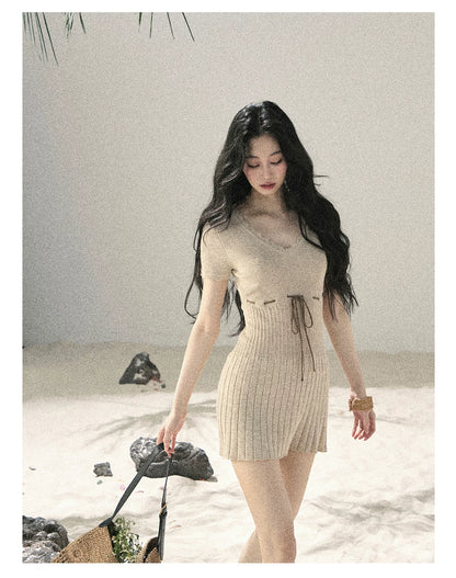 "Whispering Evening Breeze" Oatmeal Knit Lace Bodycon Mini Dress 4534854
