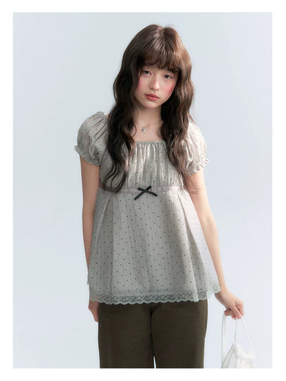 "Polka Dot Constellation" Gray Polka Dot Square Neck Puff Sleeve Top
