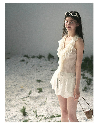 “Moonlight Through Sheer Veils” Ivory Ruffle Chiffon Blouse