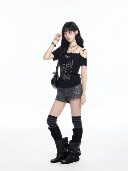 170726K "Shadow Rebel" Black Asymmetrical Shoulder Collection (One-Shoulder Tee / Casual Shorts)
